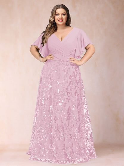 A-Line/Princess Floor-Length Short Sleeves V-Neck Plus Size Mother of the Bride Dresses