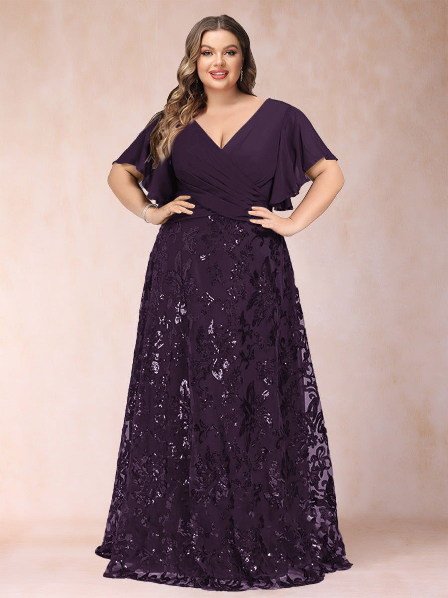 A-Line/Princess Floor-Length Short Sleeves V-Neck Plus Size Mother of the Bride Dresses