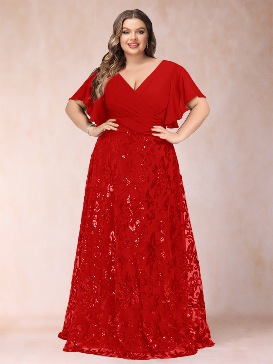 A-Line/Princess Floor-Length Short Sleeves V-Neck Plus Size Mother of the Bride Dresses