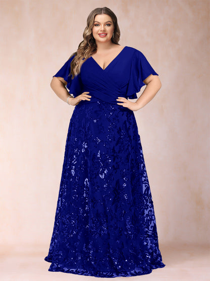 A-Line/Princess Floor-Length Short Sleeves V-Neck Plus Size Mother of the Bride Dresses
