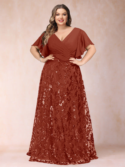 A-Line/Princess Floor-Length Short Sleeves V-Neck Plus Size Mother of the Bride Dresses