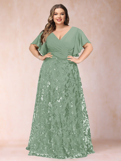A-Line/Princess Floor-Length Short Sleeves V-Neck Plus Size Mother of the Bride Dresses