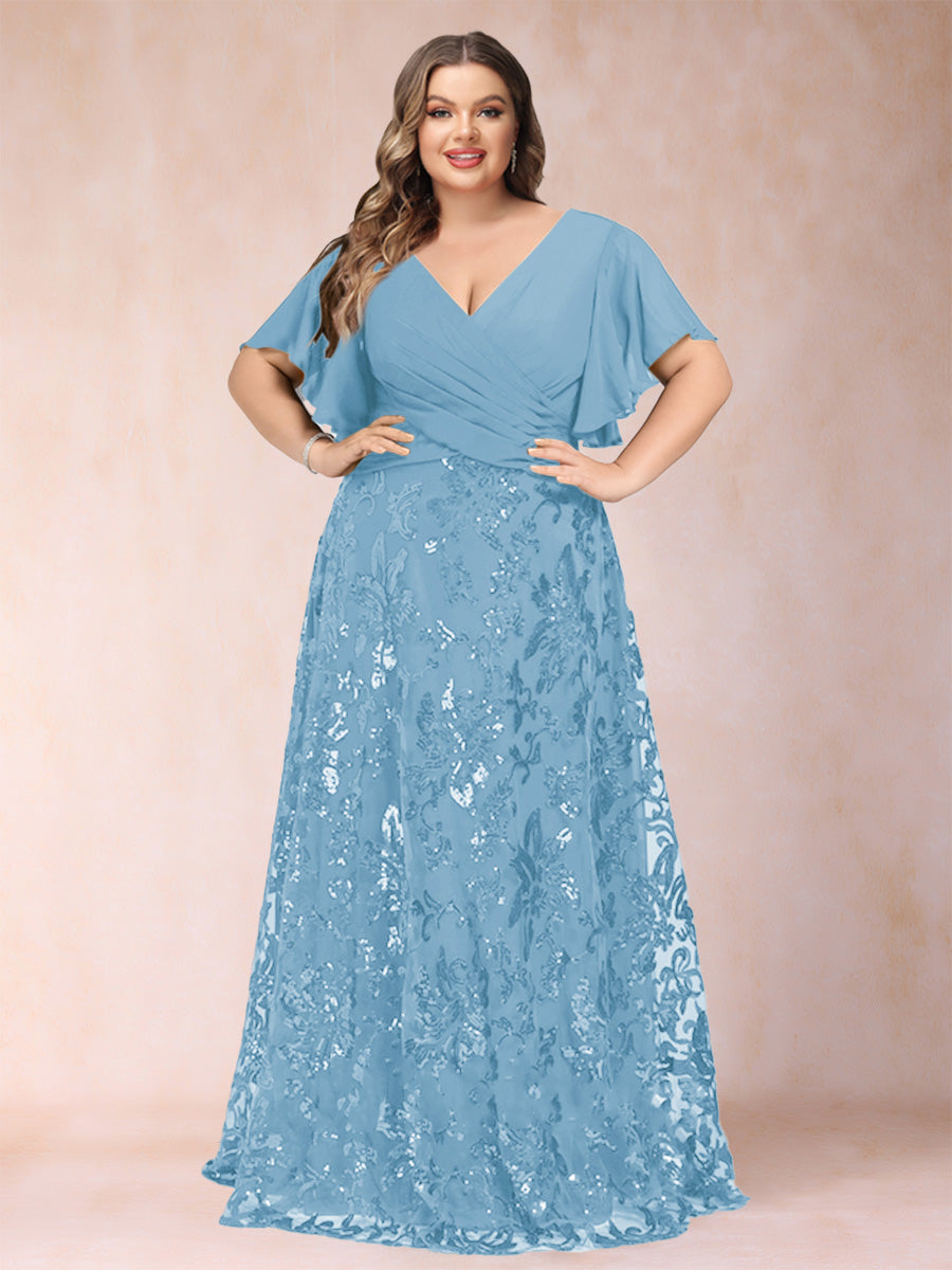 A-Line/Princess Floor-Length Short Sleeves V-Neck Plus Size Mother of the Bride Dresses