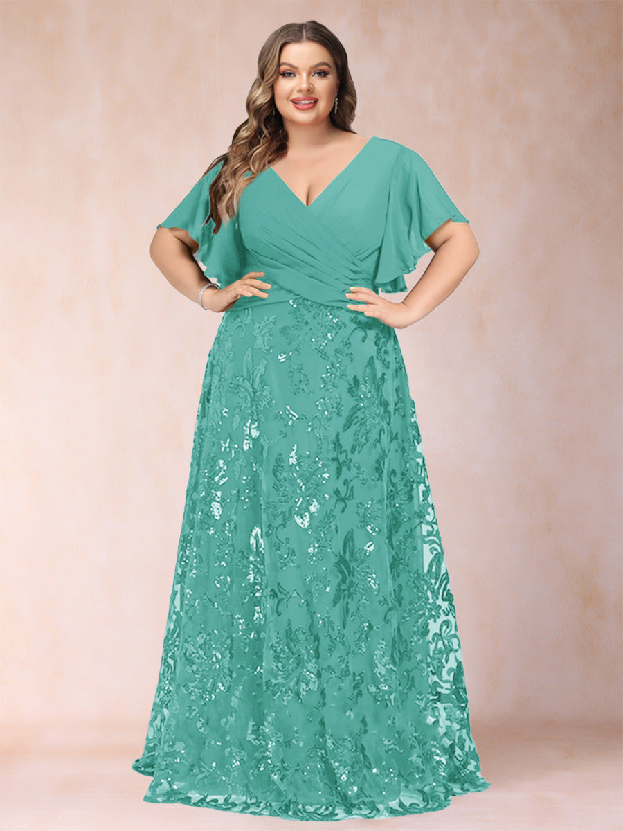 A-Line/Princess Floor-Length Short Sleeves V-Neck Plus Size Mother of the Bride Dresses