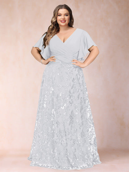 A-Line/Princess Floor-Length Short Sleeves V-Neck Plus Size Mother of the Bride Dresses