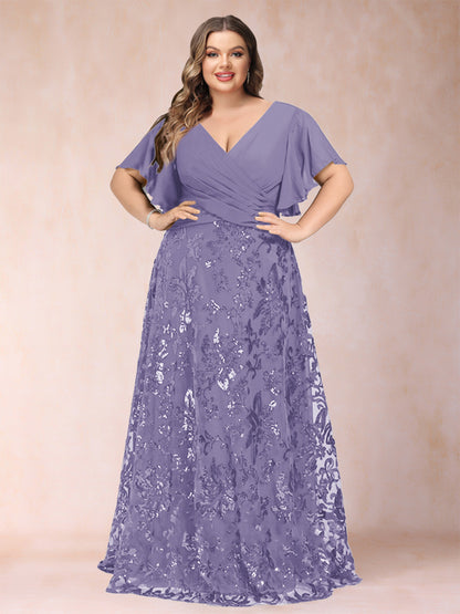A-Line/Princess Floor-Length Short Sleeves V-Neck Plus Size Mother of the Bride Dresses
