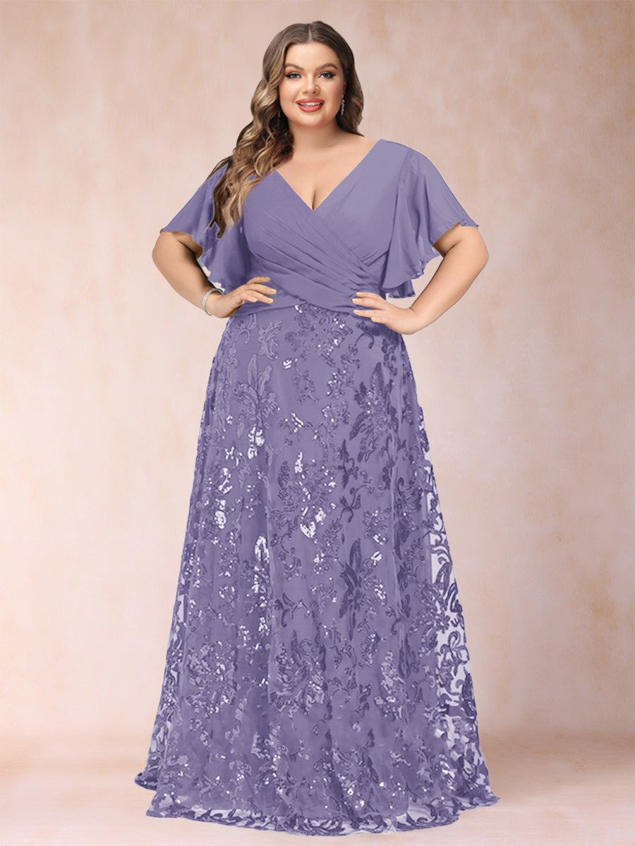 A-Line/Princess Floor-Length Short Sleeves V-Neck Plus Size Mother of the Bride Dresses