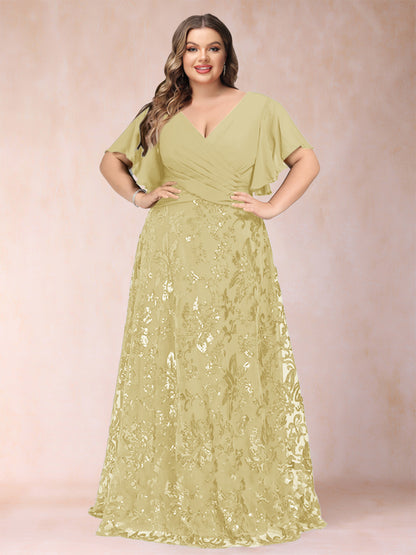 A-Line/Princess Floor-Length Short Sleeves V-Neck Plus Size Mother of the Bride Dresses
