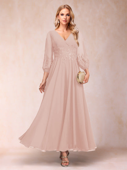 A-Line/Princess Ankle-Length 3/4 Sleeves V-Neck Mother of the Bride Dresses