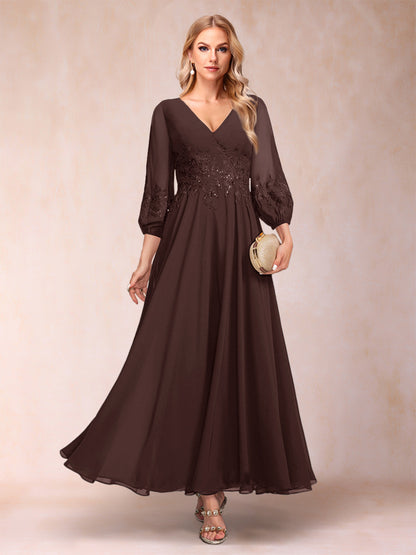 A-Line/Princess Ankle-Length 3/4 Sleeves V-Neck Mother of the Bride Dresses