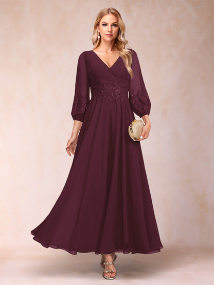 A-Line/Princess Ankle-Length 3/4 Sleeves V-Neck Mother of the Bride Dresses