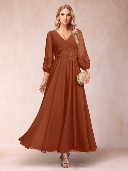 A-Line/Princess Ankle-Length 3/4 Sleeves V-Neck Mother of the Bride Dresses