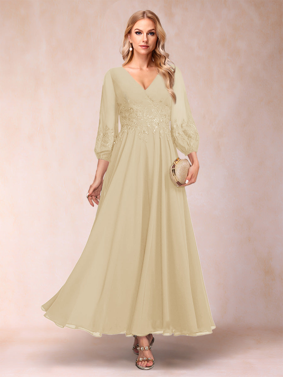 A-Line/Princess Ankle-Length 3/4 Sleeves V-Neck Mother of the Bride Dresses
