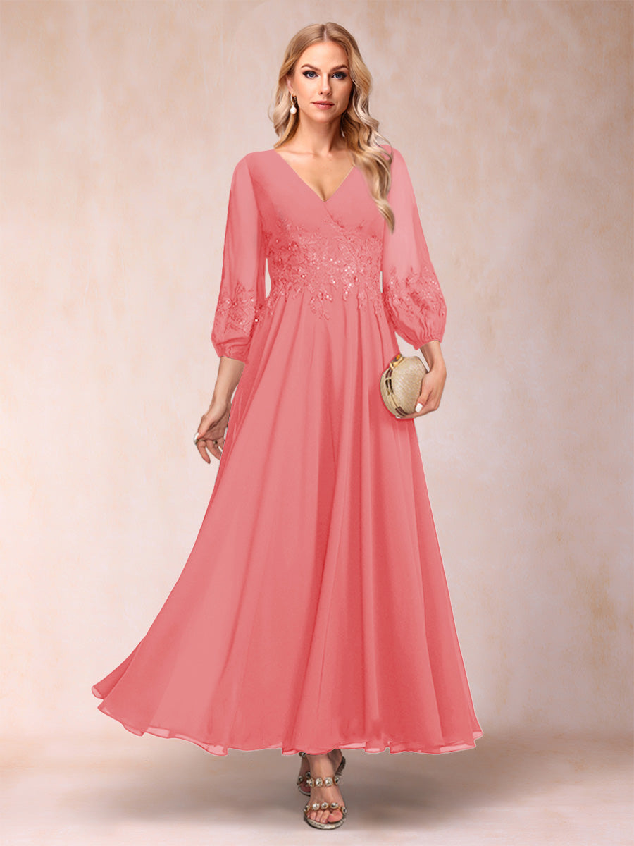 A-Line/Princess Ankle-Length 3/4 Sleeves V-Neck Mother of the Bride Dresses
