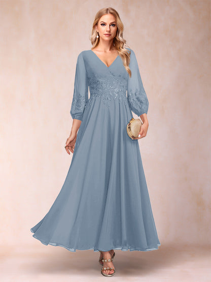 A-Line/Princess Ankle-Length 3/4 Sleeves V-Neck Mother of the Bride Dresses