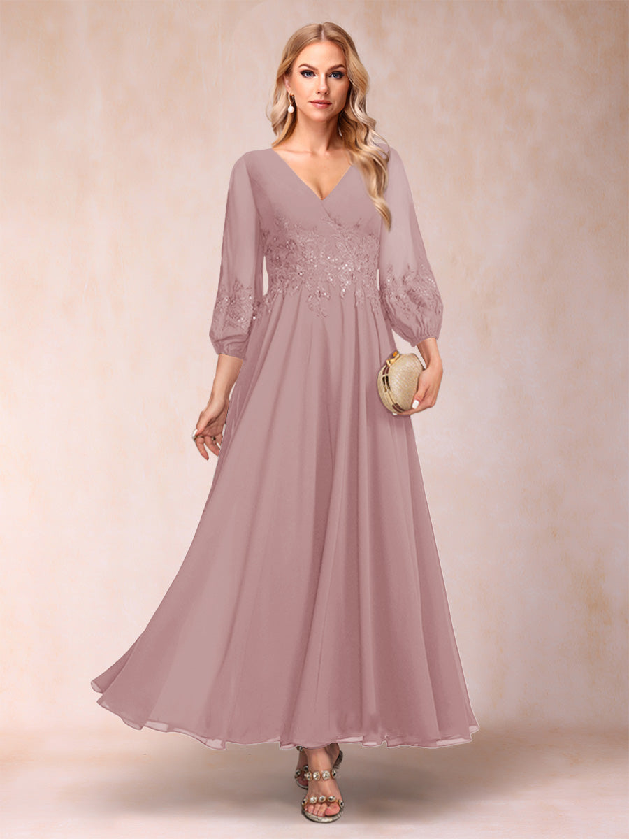 A-Line/Princess Ankle-Length 3/4 Sleeves V-Neck Mother of the Bride Dresses