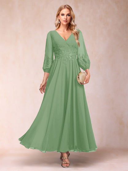 A-Line/Princess Ankle-Length 3/4 Sleeves V-Neck Mother of the Bride Dresses