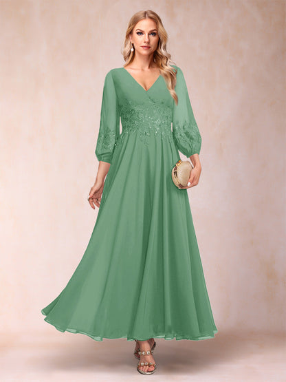A-Line/Princess Ankle-Length 3/4 Sleeves V-Neck Mother of the Bride Dresses