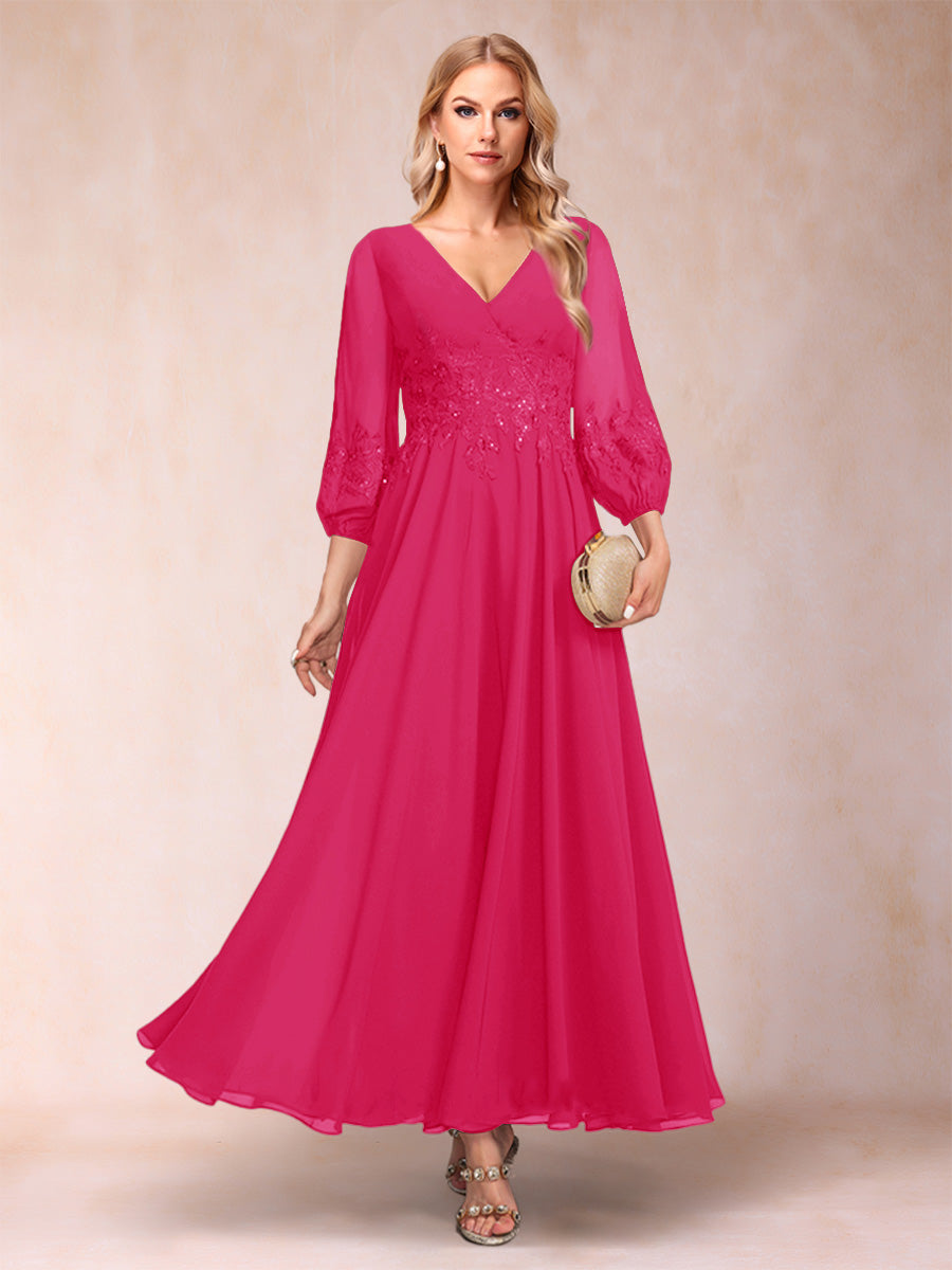 A-Line/Princess Ankle-Length 3/4 Sleeves V-Neck Mother of the Bride Dresses