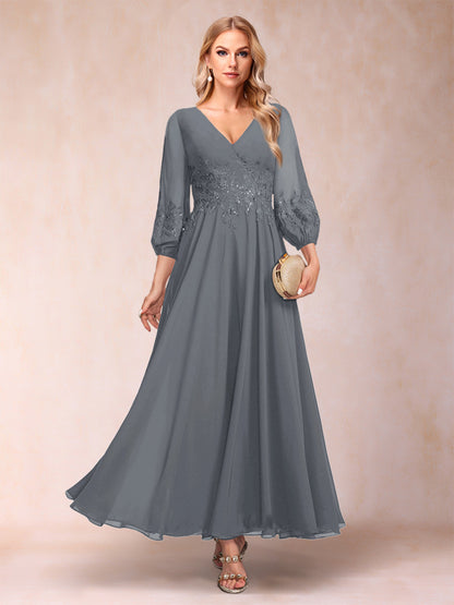 A-Line/Princess Ankle-Length 3/4 Sleeves V-Neck Mother of the Bride Dresses