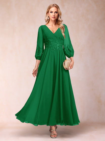 A-Line/Princess Ankle-Length 3/4 Sleeves V-Neck Mother of the Bride Dresses