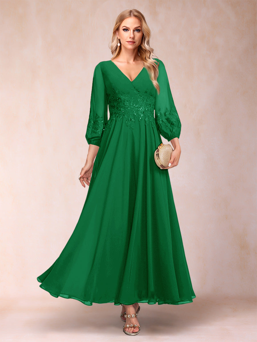 A-Line/Princess Ankle-Length 3/4 Sleeves V-Neck Mother of the Bride Dresses