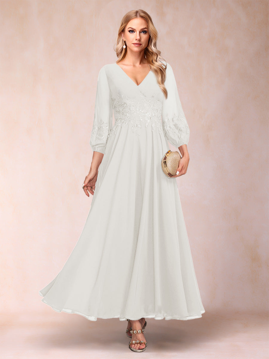A-Line/Princess Ankle-Length 3/4 Sleeves V-Neck Mother of the Bride Dresses