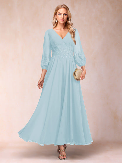 A-Line/Princess Ankle-Length 3/4 Sleeves V-Neck Mother of the Bride Dresses