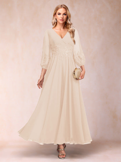 A-Line/Princess Ankle-Length 3/4 Sleeves V-Neck Mother of the Bride Dresses