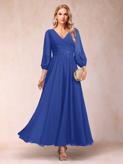 A-Line/Princess Ankle-Length 3/4 Sleeves V-Neck Mother of the Bride Dresses
