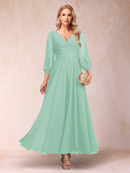 A-Line/Princess Ankle-Length 3/4 Sleeves V-Neck Mother of the Bride Dresses