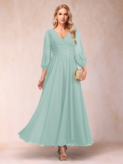 A-Line/Princess Ankle-Length 3/4 Sleeves V-Neck Mother of the Bride Dresses