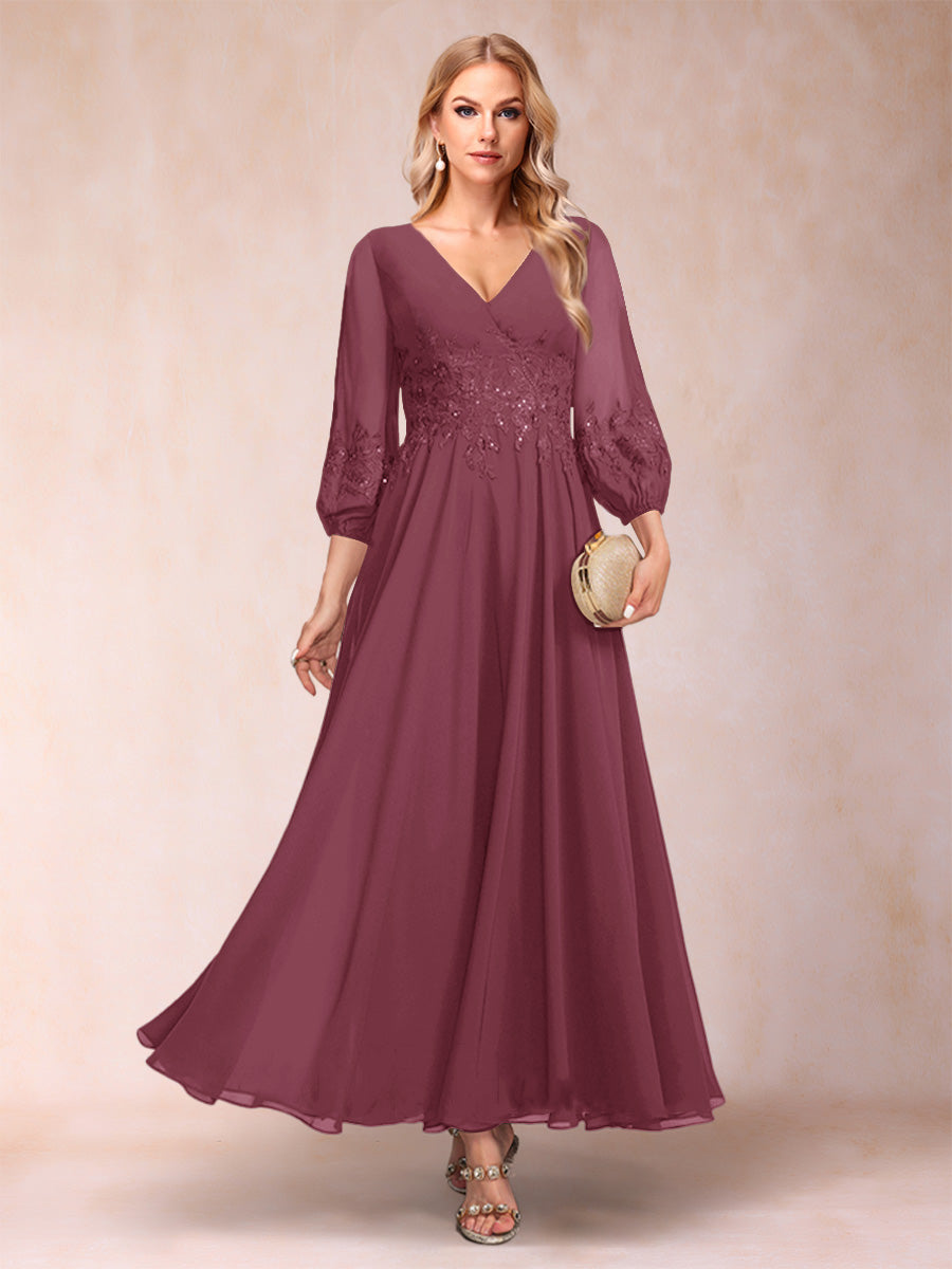 A-Line/Princess Ankle-Length 3/4 Sleeves V-Neck Mother of the Bride Dresses