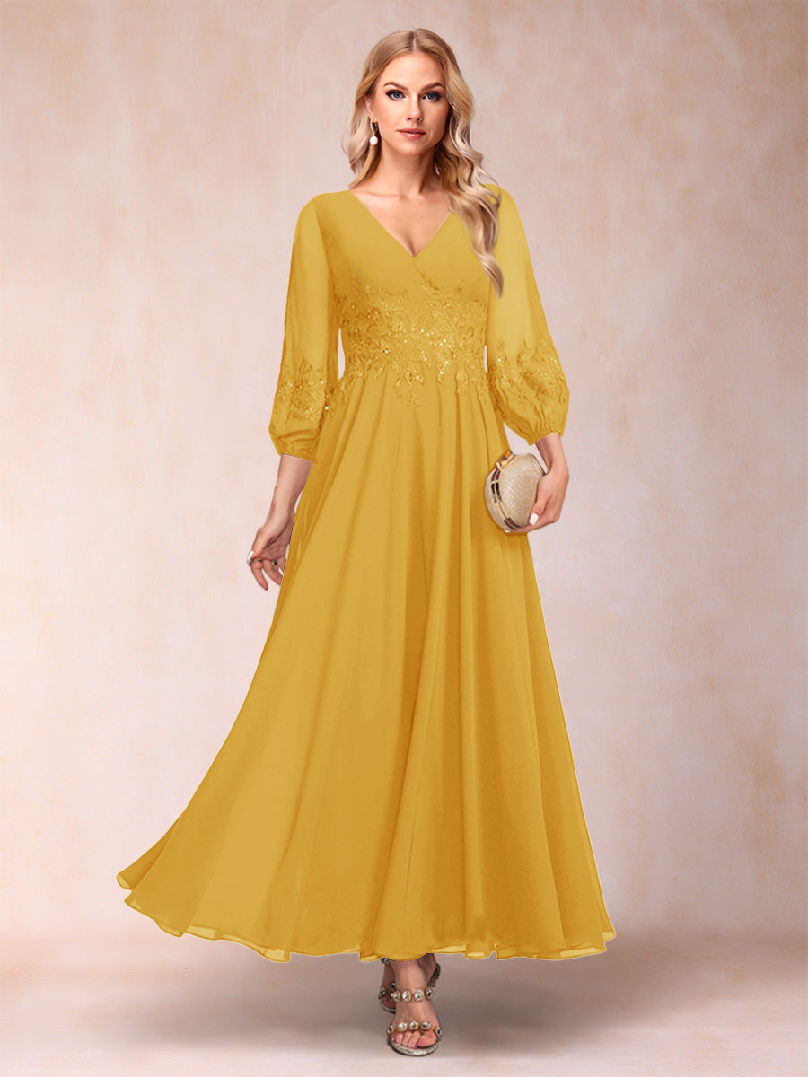 A-Line/Princess Ankle-Length 3/4 Sleeves V-Neck Mother of the Bride Dresses