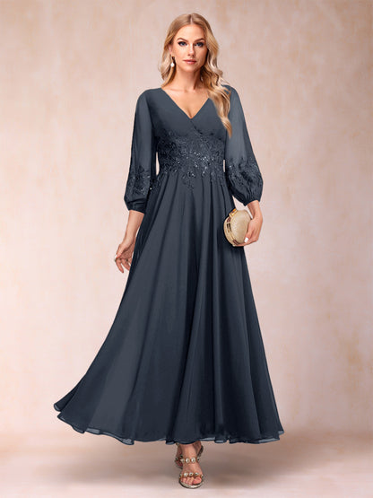 A-Line/Princess Ankle-Length 3/4 Sleeves V-Neck Mother of the Bride Dresses