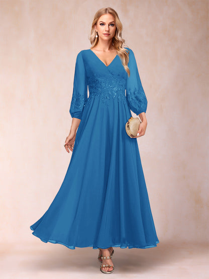 A-Line/Princess Ankle-Length 3/4 Sleeves V-Neck Mother of the Bride Dresses
