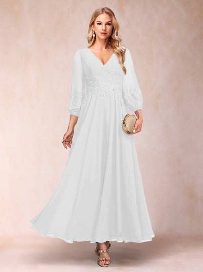 A-Line/Princess Ankle-Length 3/4 Sleeves V-Neck Mother of the Bride Dresses