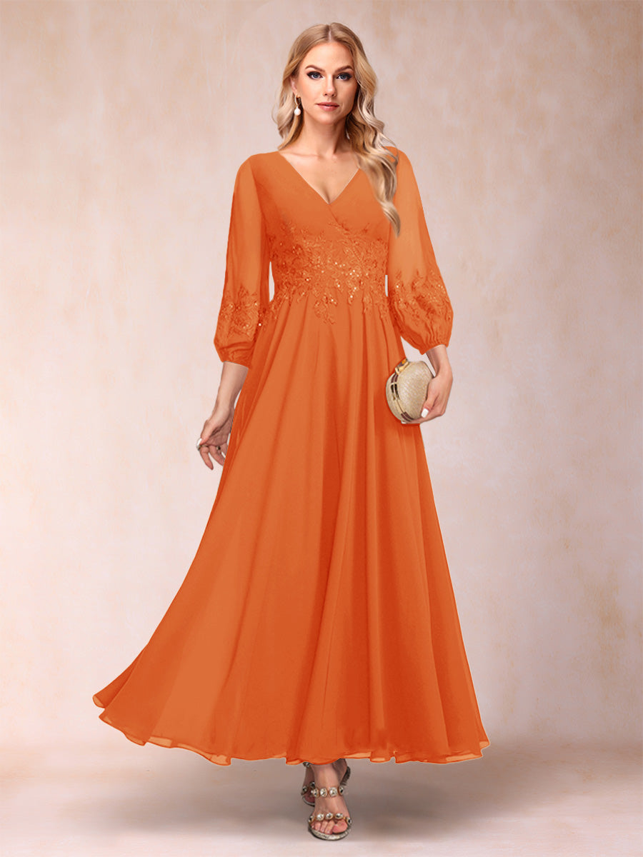 A-Line/Princess Ankle-Length 3/4 Sleeves V-Neck Mother of the Bride Dresses