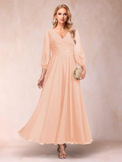 A-Line/Princess Ankle-Length 3/4 Sleeves V-Neck Mother of the Bride Dresses