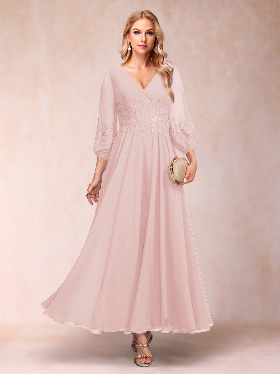 A-Line/Princess Ankle-Length 3/4 Sleeves V-Neck Mother of the Bride Dresses