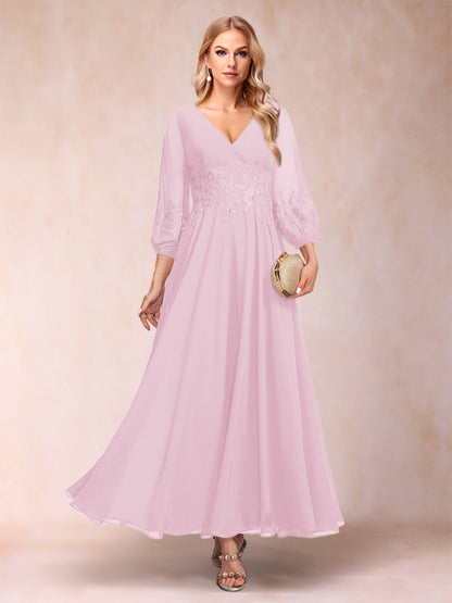 A-Line/Princess Ankle-Length 3/4 Sleeves V-Neck Mother of the Bride Dresses