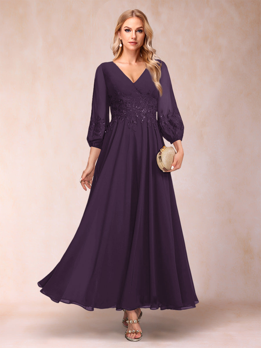 A-Line/Princess Ankle-Length 3/4 Sleeves V-Neck Mother of the Bride Dresses