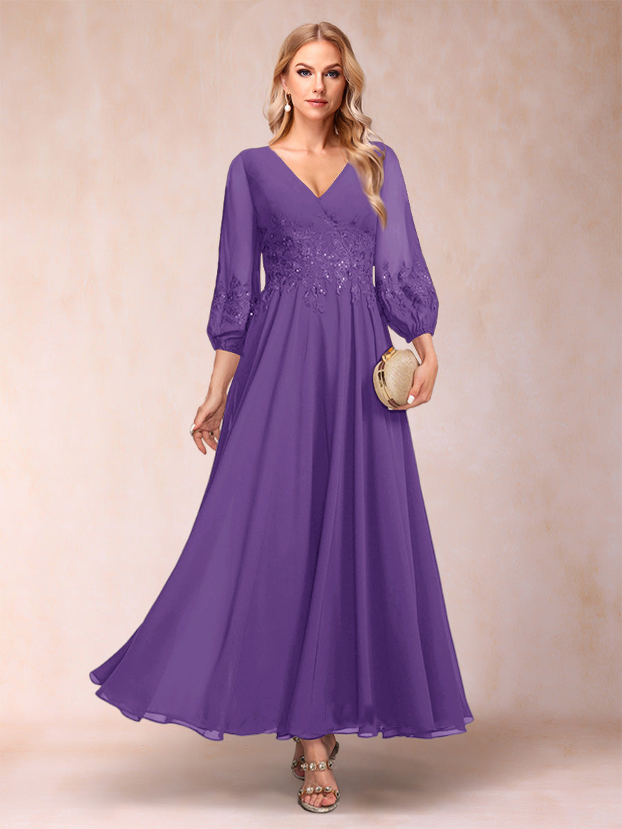 A-Line/Princess Ankle-Length 3/4 Sleeves V-Neck Mother of the Bride Dresses