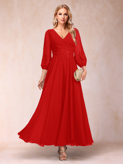 A-Line/Princess Ankle-Length 3/4 Sleeves V-Neck Mother of the Bride Dresses