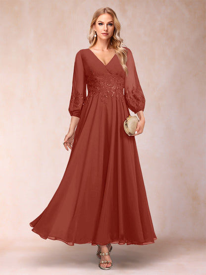 A-Line/Princess Ankle-Length 3/4 Sleeves V-Neck Mother of the Bride Dresses