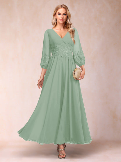 A-Line/Princess Ankle-Length 3/4 Sleeves V-Neck Mother of the Bride Dresses