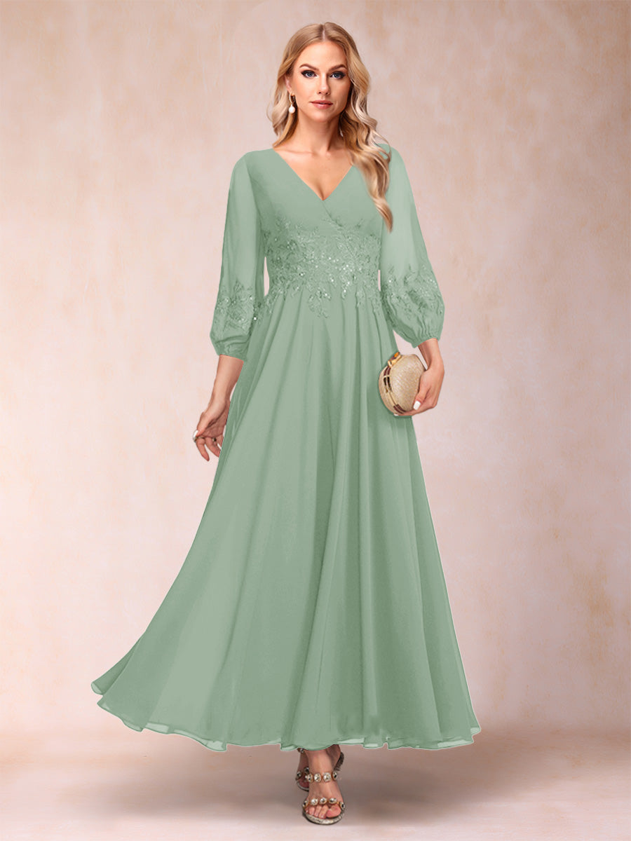 A-Line/Princess Ankle-Length 3/4 Sleeves V-Neck Mother of the Bride Dresses