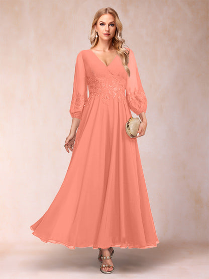 A-Line/Princess Ankle-Length 3/4 Sleeves V-Neck Mother of the Bride Dresses