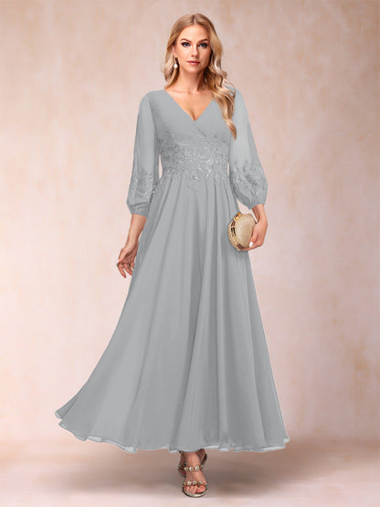 A-Line/Princess Ankle-Length 3/4 Sleeves V-Neck Mother of the Bride Dresses
