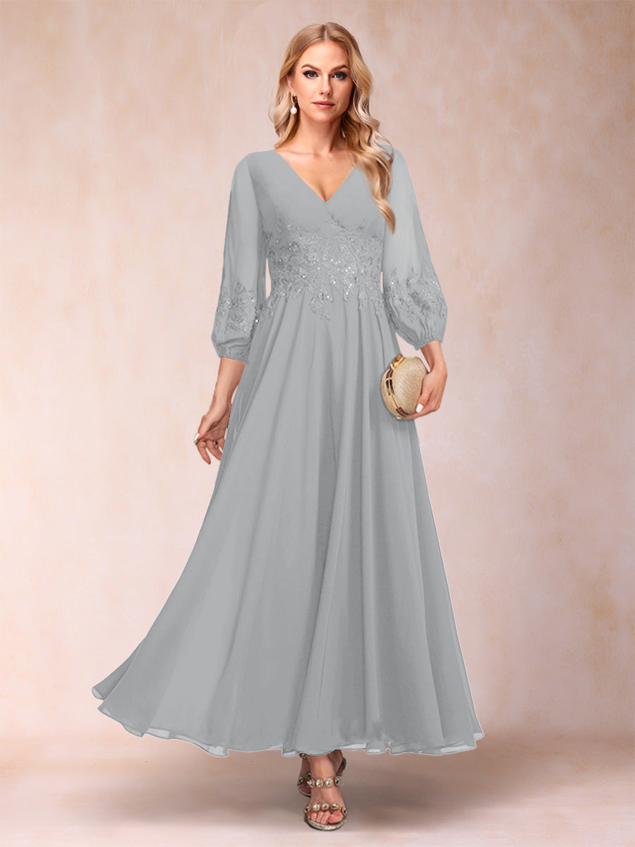 A-Line/Princess Ankle-Length 3/4 Sleeves V-Neck Mother of the Bride Dresses